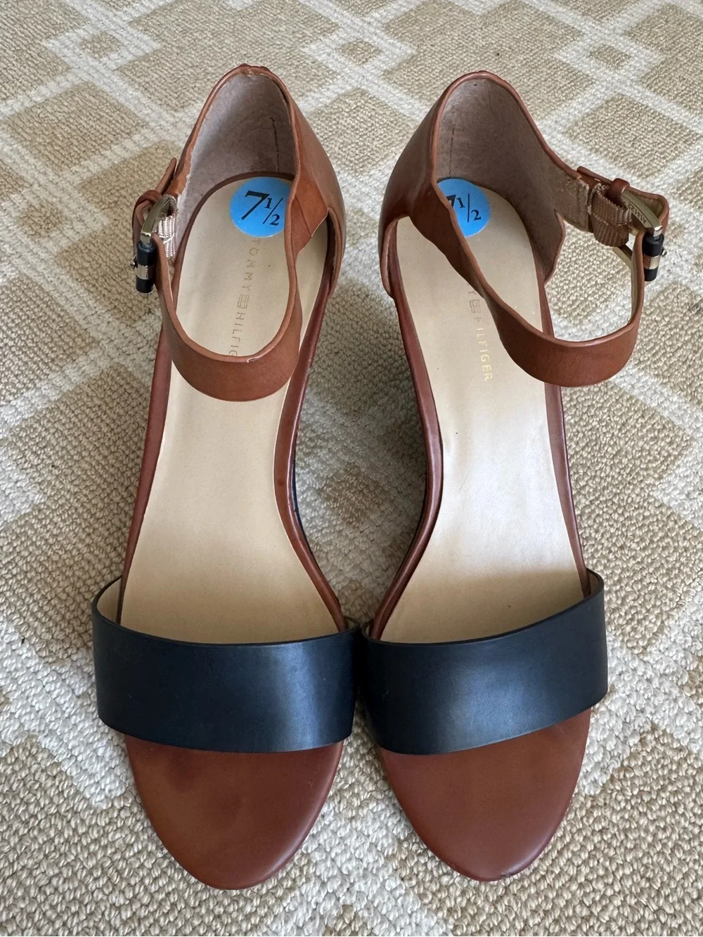 Tommy Hilfiger Ankle Strap Wedge Sandals Brown Black Leather Size 7.5